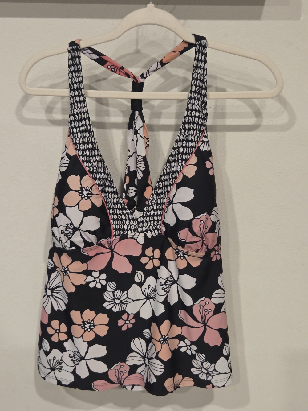 Ocean Dreams Black Floral Swim Tank Top with Pink & White Blooms